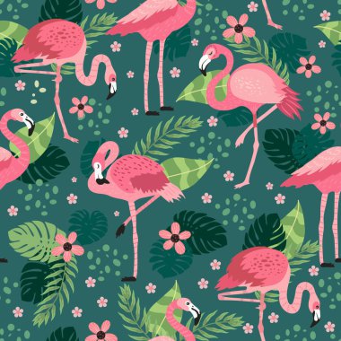 Farklı pozlarda pembe flamingolar. Kusursuz desen. vektör görüntü. Kumaşlar, kağıt bardaklar, ambalaj kağıtları, telefon kılıfları için. egzotik kuşların, tropikal bitkilerin, çiçeklerin ve yaprakların olduğu arka plan