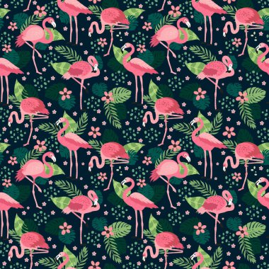 Farklı pozlarda pembe flamingolar. Kusursuz desen. vektör görüntü. Kumaşlar, kağıt bardaklar, ambalaj kağıtları, telefon kılıfları için. egzotik kuşların, tropikal bitkilerin, çiçeklerin ve yaprakların olduğu arka plan