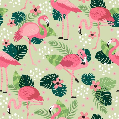 Farklı pozlarda pembe flamingolar. Kusursuz desen. vektör görüntü. Kumaşlar, kağıt bardaklar, ambalaj kağıtları, telefon kılıfları için. egzotik kuşların, tropikal bitkilerin, çiçeklerin ve yaprakların olduğu arka plan