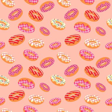 Çilekli ve vanilyalı donutların vektör görüntüsü. Kusursuz desen. Şekerler. Şekerleme ürünleri. Paket kağıdına, kağıt bardaklara baskı yapmak için