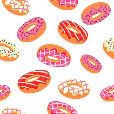 Çilekli ve vanilyalı donutların vektör görüntüsü. Kusursuz desen. Şekerler. Şekerleme ürünleri. Paket kağıdına, kağıt bardaklara baskı yapmak için