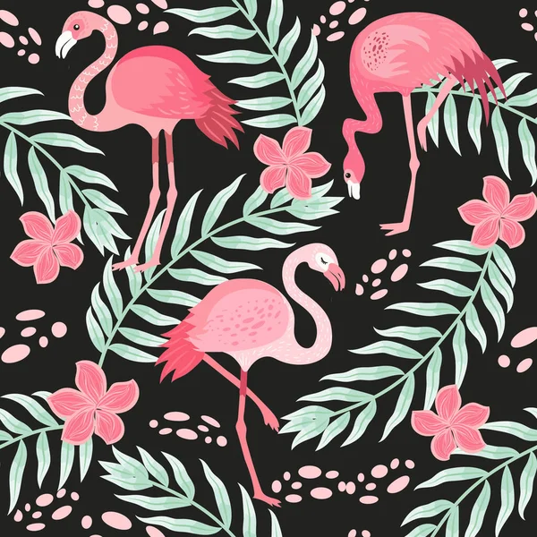 Farklı pozlarda pembe flamingolar. Kusursuz desen. vektör görüntü. Kumaşlar, kağıt bardaklar, ambalaj kağıtları, telefon kılıfları için. egzotik kuşların, tropikal bitkilerin, çiçeklerin ve yaprakların olduğu arka plan