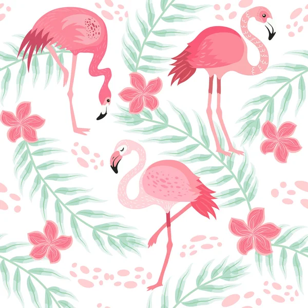 Farklı pozlarda pembe flamingolar. Kusursuz desen. vektör görüntü. Kumaşlar, kağıt bardaklar, ambalaj kağıtları, telefon kılıfları için. egzotik kuşların, tropikal bitkilerin, çiçeklerin ve yaprakların olduğu arka plan