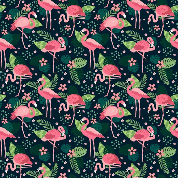 Farklı pozlarda pembe flamingolar. Kusursuz desen. vektör görüntü. Kumaşlar, kağıt bardaklar, ambalaj kağıtları, telefon kılıfları için. egzotik kuşların, tropikal bitkilerin, çiçeklerin ve yaprakların olduğu arka plan