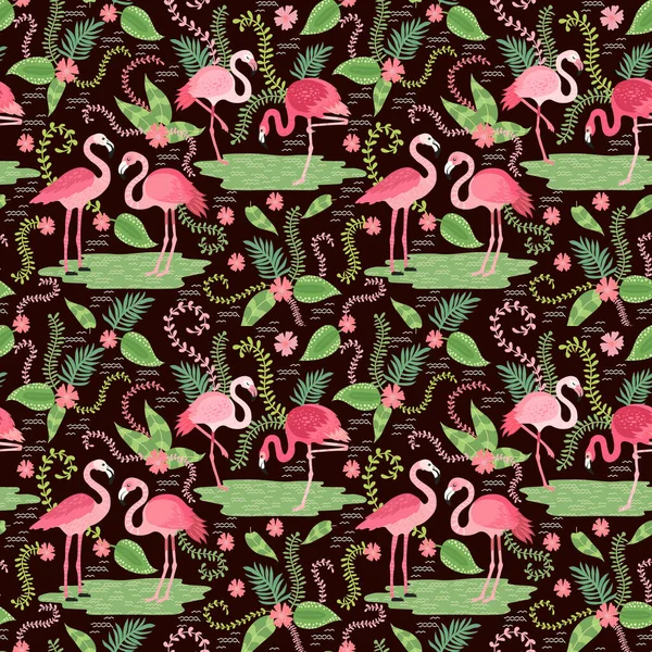 Farklı pozlarda pembe flamingolar. Kusursuz desen. vektör görüntü. Kumaşlar, kağıt bardaklar, ambalaj kağıtları, telefon kılıfları için. egzotik kuşların, tropikal bitkilerin, çiçeklerin ve yaprakların olduğu arka plan