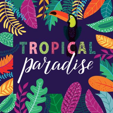 Egzotik tropikal bitkiler, çiçekler ve yapraklarla dolu bir arka plan. Kaplan çalılıklardan dışarı bakıyor. yazılabilir yaz partisi vektör resmi