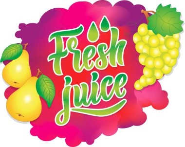 Üzüm, elma ve ambalaj suyu için renkli logo vektör görüntüsü. Taze meyve ve meyve suyu reklamı için, poşetlere baskı için, kağıt bardaklara.