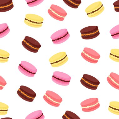 Kusursuz desen. Renkli makarna kurabiyelerinin vektör görüntüsü. Paket kağıdı, kumaş, kutu ve peçete bastırmak için. Çocukların doğum günleri ve tatilleri için arka plan.