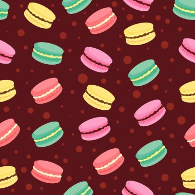 Kusursuz desen. Renkli makarna kurabiyelerinin vektör görüntüsü. Paket kağıdı, kumaş, kutu ve peçete bastırmak için. Çocukların doğum günleri ve tatilleri için arka plan.