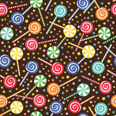 çok renkli karamel şekerler. Kusursuz desen. Ambalaj kağıdı, hediye kutusu ve doğum günü süslemeleri için.