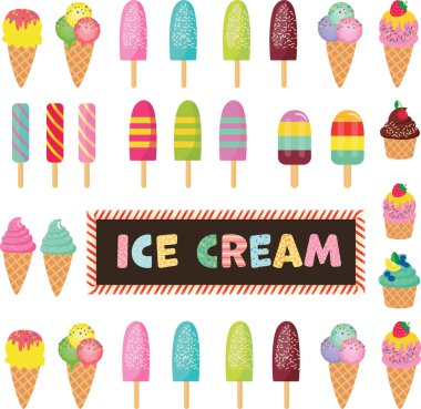 Şeffaf bir arkaplanda bir dondurma seti. Dondurma, krema ve çikolata külahları. Reklam ve hamur işi için vektör illüstrasyonu