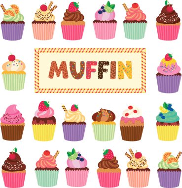 Kek seti. Kremalı, çikolatalı ve dutlu kekler. Şekerler. Menüler, pastaneler, fırınlar, partiler, çocukların doğum günleri için.