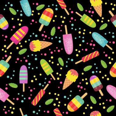 Farklı dondurma türleri. Kusursuz desen. Reklam, partiler, siteler, satışlar için vektör illüstrasyonu