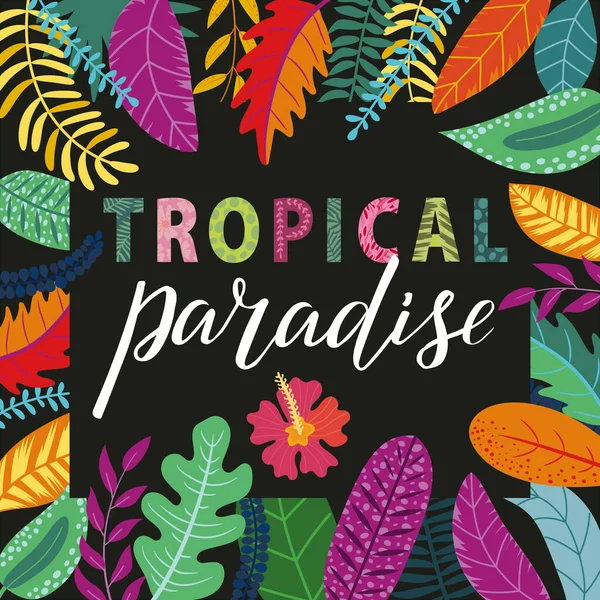 Egzotik tropikal bitkiler, çiçekler ve yapraklarla dolu bir arka plan. Kaplan çalılıklardan dışarı bakıyor. yazılabilir yaz partisi vektör resmi