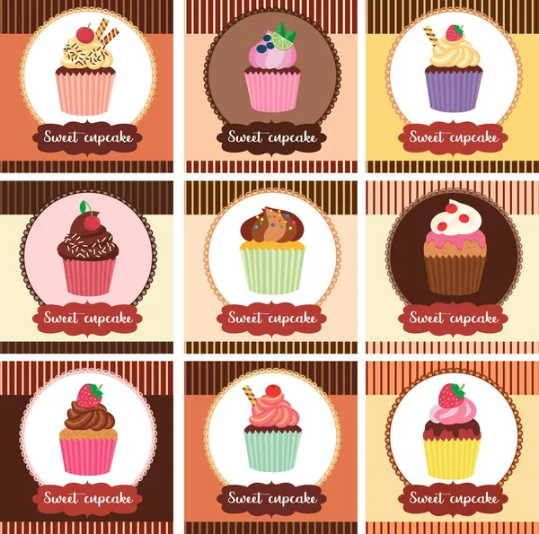 Conjunto Cupcakes Muffins Com Creme Chocolate Bagas Doces Para Menus — Vetor de Stock
