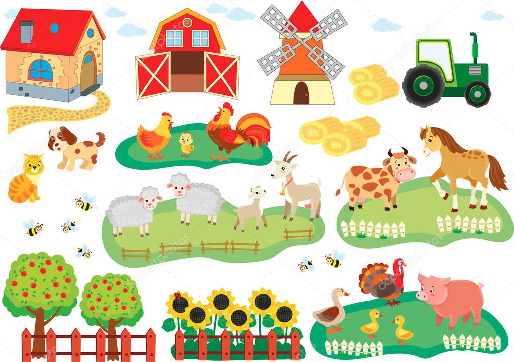 collection of animals and buildings on the farm. pig, horse, cow, rooster, turkey, chicken, duck, duck, cat, dog, house, mill, barn, tractor. vector illustration in cartoon style