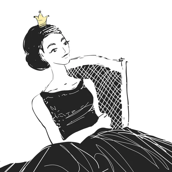 Sonhando princesa mulher com uma coroa sentada em uma cadeira. Vector quadrinhos estilo ilustração . — Vetor de Stock