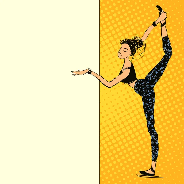 Una giovane donna vettoriale che si allunga. Stile di vita sano fumetti illustrazione con posto per il testo. Esercizio di danza classica . — Vettoriale Stock