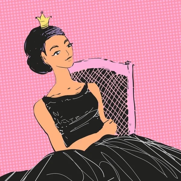 Dreaming woman księżniczka z sittting Korona na krześle. Ilustracja wektorowa komiks stylu. — Wektor stockowy