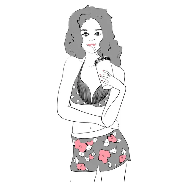 Donna hipster con un frullato vestito in costume da bagno e pantaloncini. Illustrazione estate vettoriale con testo . — Vettoriale Stock