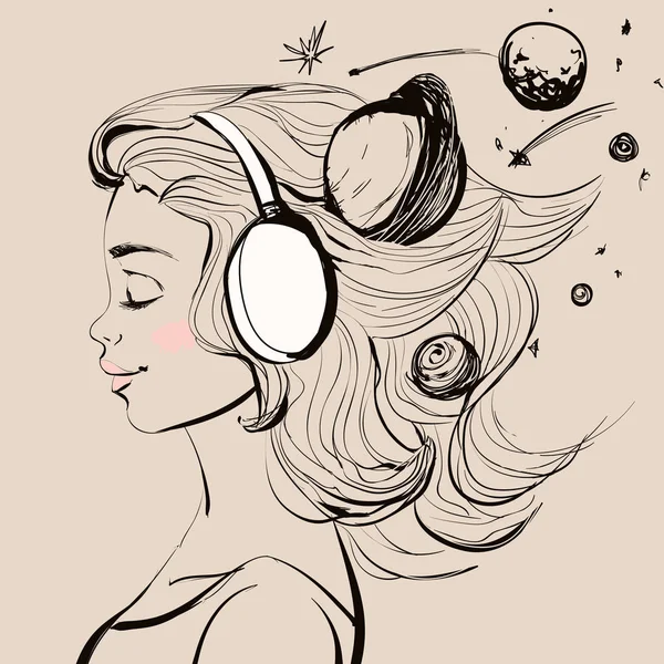 Hermosa chica feliz con auriculares en la cabeza. Ilustración de estilo de espacio vectorial . — Archivo Imágenes Vectoriales