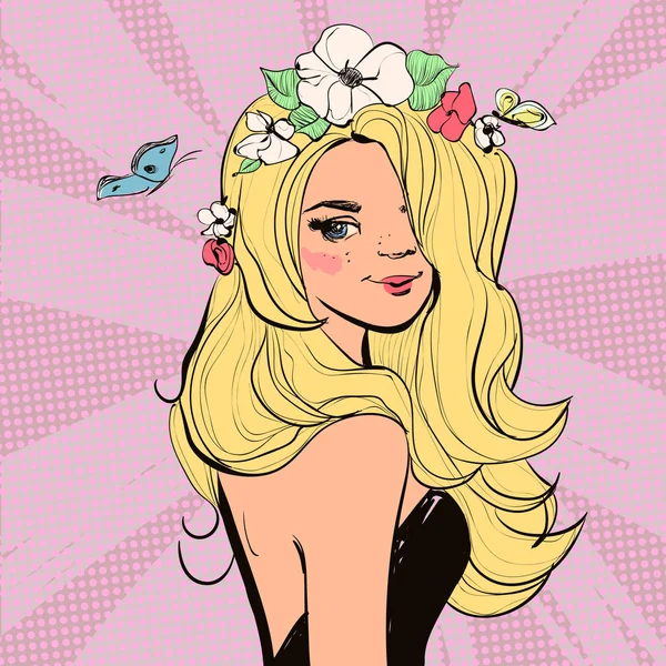 Bella donna con fiori e farfalla. fumetti di moda vettoriale illustrazione colorata . — Vettoriale Stock