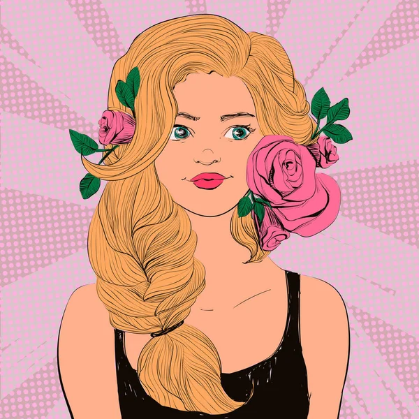 Mujer hermosa joven con flores y peinado de cola. Vector cómics ilustración colorida . — Vector de stock