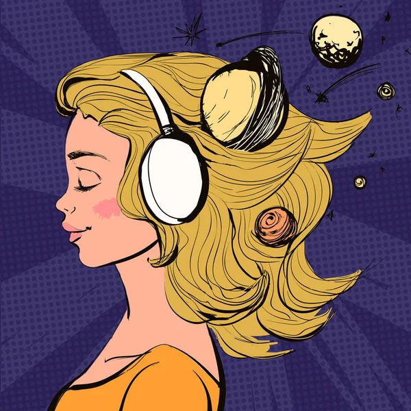 Belle fille heureuse avec des écouteurs sur la tête. Bandes dessinées spatiales vectorielles illustration colorée . — Image vectorielle