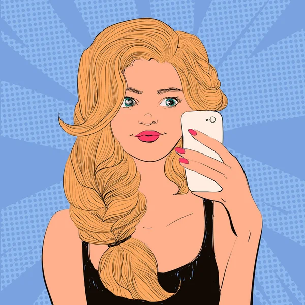 Krásná žena s ocasem účes s selfie na smartphone. Barevné ilustrace vektorové komiks. — Stockový vektor