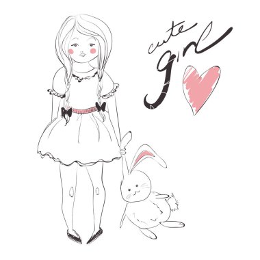 Pigtails bir elbise ve tavşan ile şirin kız illüstrasyon vektör