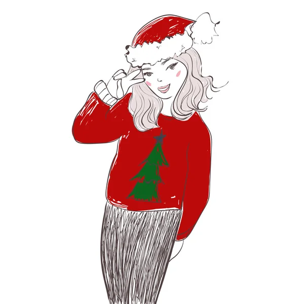 Menina bonita vestindo roupas de Papai Noel no fundo branco. Vetor ilustração desenhada à mão —  Vetores de Stock