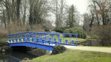 Mavi metalik Art Nouveau bridge ile akış. Gölet banyo, Bahçe Projesi. Evin bahçesinde sakin vaha. Kale süs patates rendesi. Brook bitkilerle, dere. Bahar bahçe doğal park