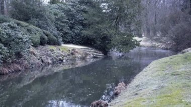 Castle park akışı ile. Küçük nehir ile süs Bahçe. Bahar melankolik manzara. Gölet ile bitkiler, alan yüzme yüzmek