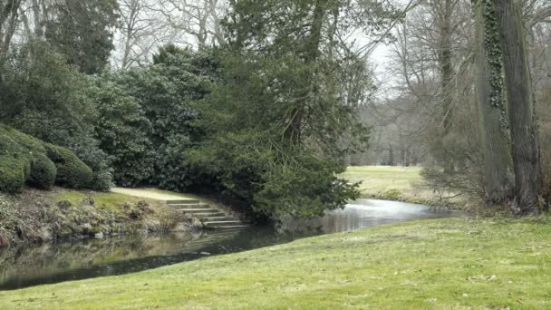 Schlosspark Mit Bach Ziergarten Mit Kleinem Fluss Frühling Melancholische Landschaft — Stockvideo