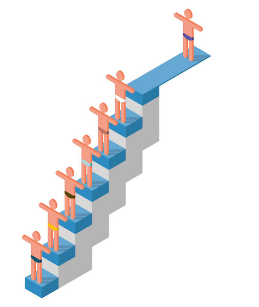 Стилизованные человеческие фигуры на трамплине. Бизнес-график, финансовый или личностный прогресс, успех. Векторная форма куба, напоминающая восходящую лестницу. Изолированная иллюстрация, символ изометрической иконки
