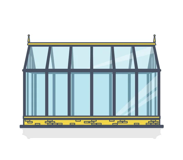 概述了温室与玻璃墙 山墙屋顶和花园床 种植蔬菜和花卉的矢量园艺温室 经典栽培温室园艺 — 图库矢量图片