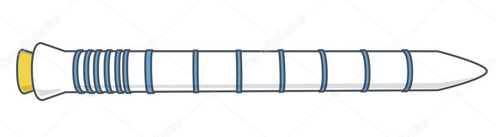 Outlined space rocket, flying carrier rocket. Part of space shuttle. Blue yellow vector master illustration. Isolated flighting spacecraft spaceshuttle, white fuel tank, white background