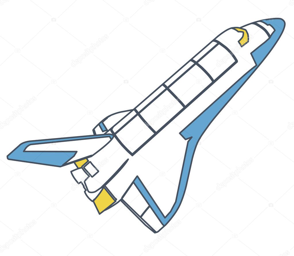 Outlined space shuttle, universe discovering. Yellow blue vector master illustration. Isolated flighting spaceshuttle, fuel tank, white background