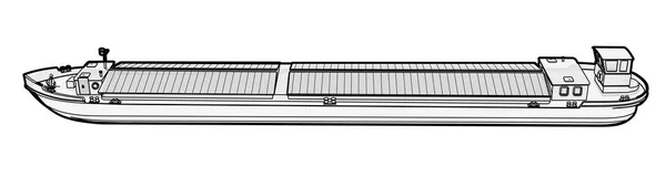 Nave Transporte Fluvial Barco Motor Largo Carga Delineado Envío Agua — Vector de stock