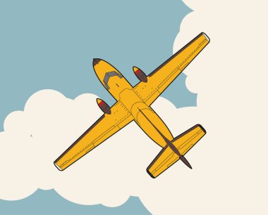Model glider flying over sky with clouds in vintage color stylization. Old retro subtle airplane designed for poster printing. Balsa wood wings, model hobby. Master vector illustration clipart