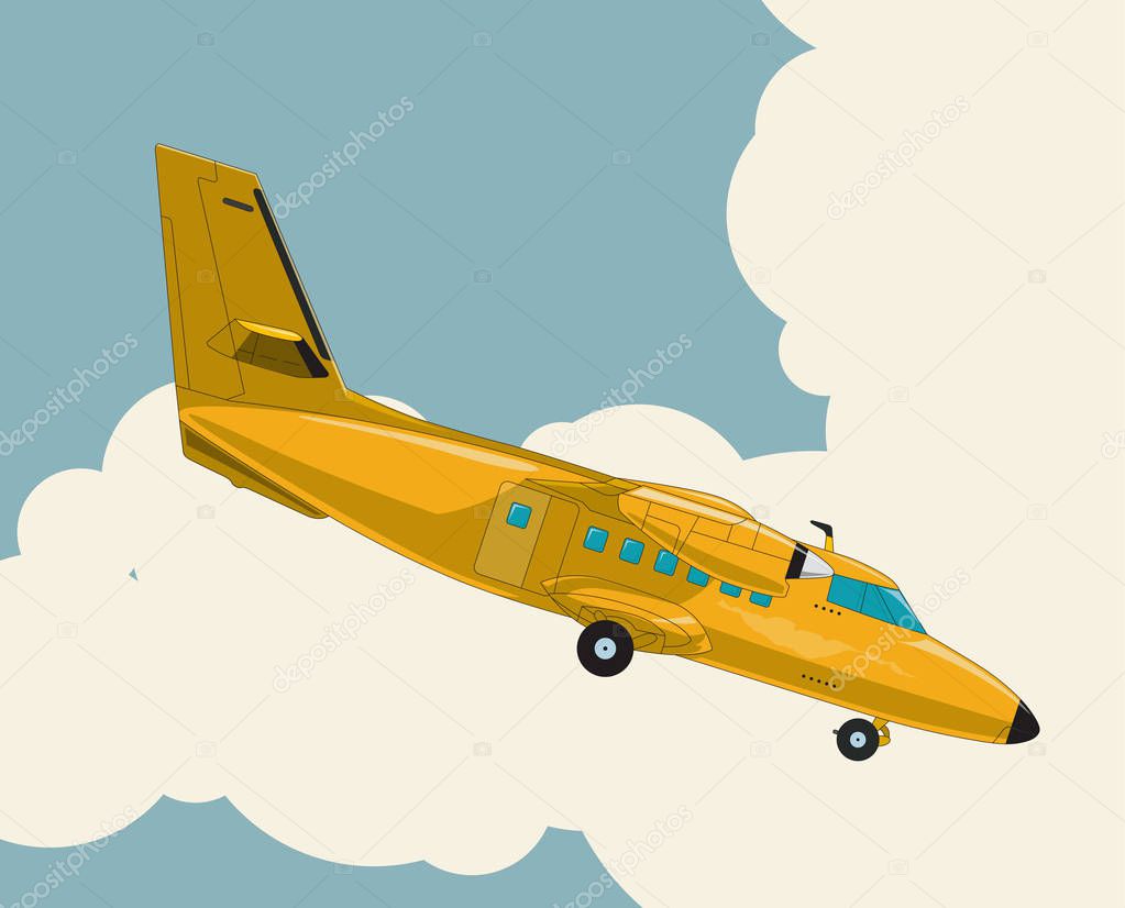 Model glider flying over sky with clouds in vintage color stylization. Old retro subtle airplane designed for poster printing. Balsa wood wings, model hobby. Master vector illustration