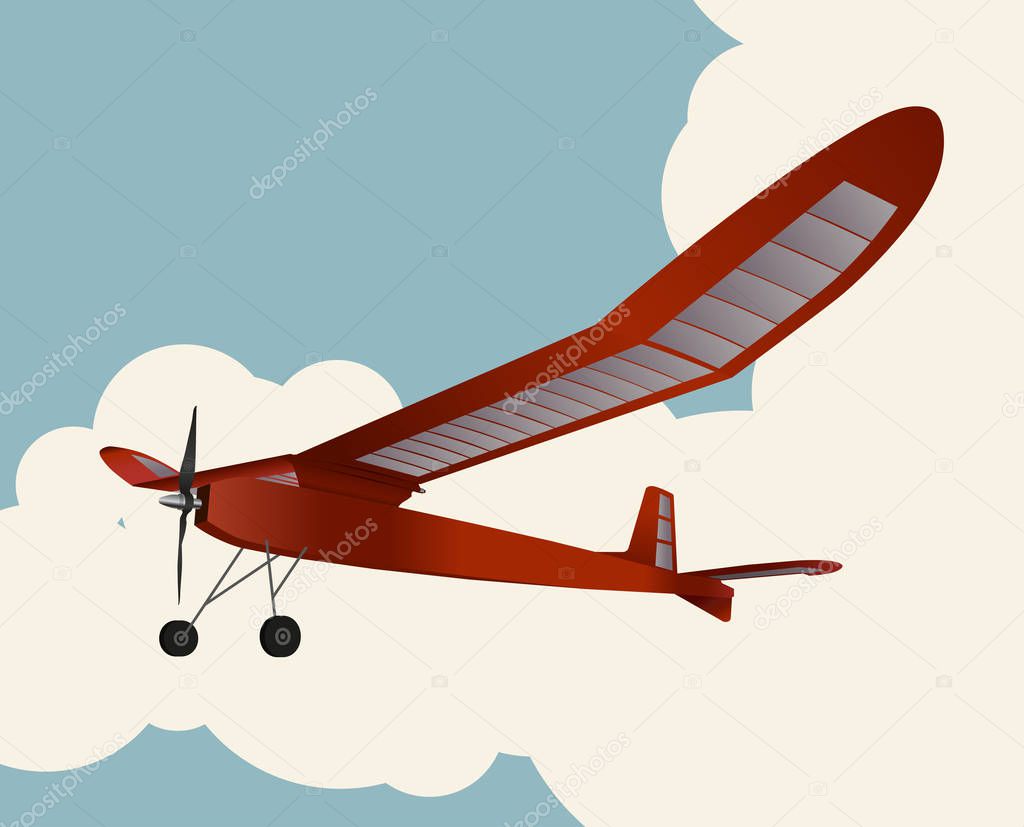 Model glider flying over sky with clouds in vintage color stylization. Old retro subtle airplane designed for poster printing. Balsa wood wings, model hobby. Master vector illustration