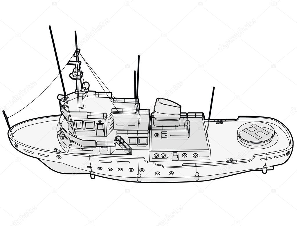 Research ship, marine exploration boat for scientists. Outlined rescue vessel with sonar, new modern motorboat for discovering of water. Vector illustration, isolated on white background