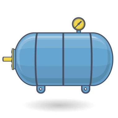 Outlined pressure vessel for water, gas, air. Blue yellow pressure tank for storage of material, water. Valves, measuring unit, handles. Flatten icon vector reservoir illustration clipart