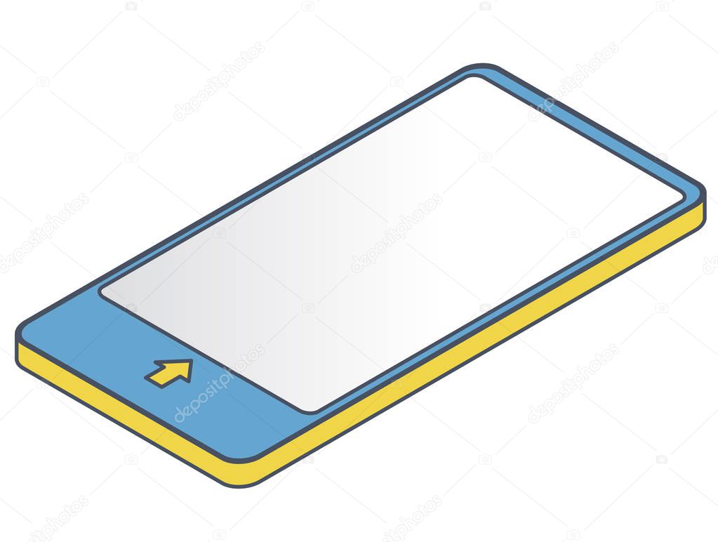 Outlined vector mobile phone in isometric perspective. Blue yellow wireless technology, smartphone, digital tablet. Communication technologies illustration. Isolated, white background, mobilephone