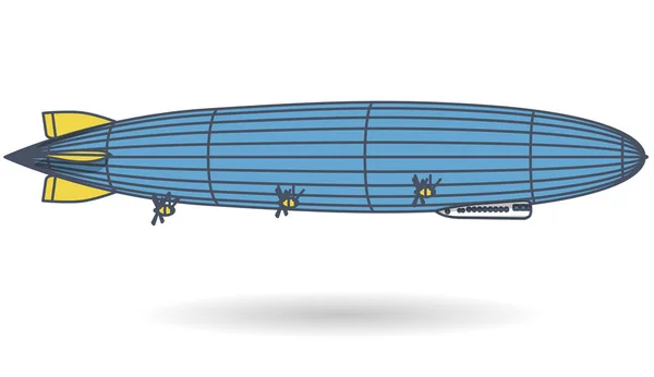 水素充填巨大なツェッペリン飛行船を概説します 青黄色様式化された気球 大きな飛行船 プロペラ 長いツェッペリン型飛行船 白い背景 硬式飛行船 分離ベクトル図 — ストックベクタ