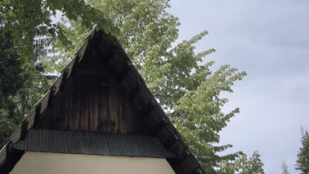 Medieval wooden village in mountain valley, roofs. Picturesque summer scenery on vacation. Master shot — Stock Footage Medieval Wooden Village Mountain Valley Roofs Picturesque Summer Scenery Vacation Video Clip