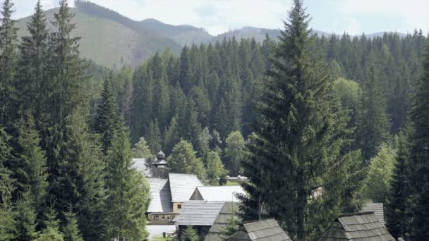 Desa Kayu Abad Pertengahan Lembah Pegunungan Atap Pemandangan Musim Panas — Stok Video