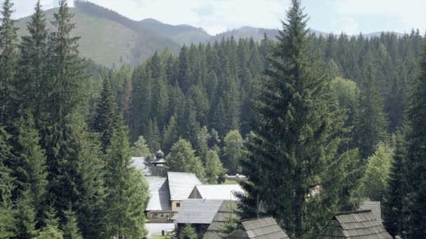 Medieval wooden village in mountain valley, roofs. Picturesque summer scenery on vacation. Master shot — Stock Footage Medieval Wooden Village Mountain Valley Roofs Picturesque Summer Scenery Vacation Stock Footage