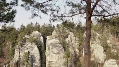 Kumtaşı kayalar, ormanda kaya massifs. Tırmanma manzarası, büyük taşlar. Açık seyahat yeri. Statik gün stabilize v-günlük çekim, genel görünüm